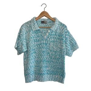VINTAGE | 80s Yarnworks Seafoam Loose Knit Button Up Polo Collar Sweater Top